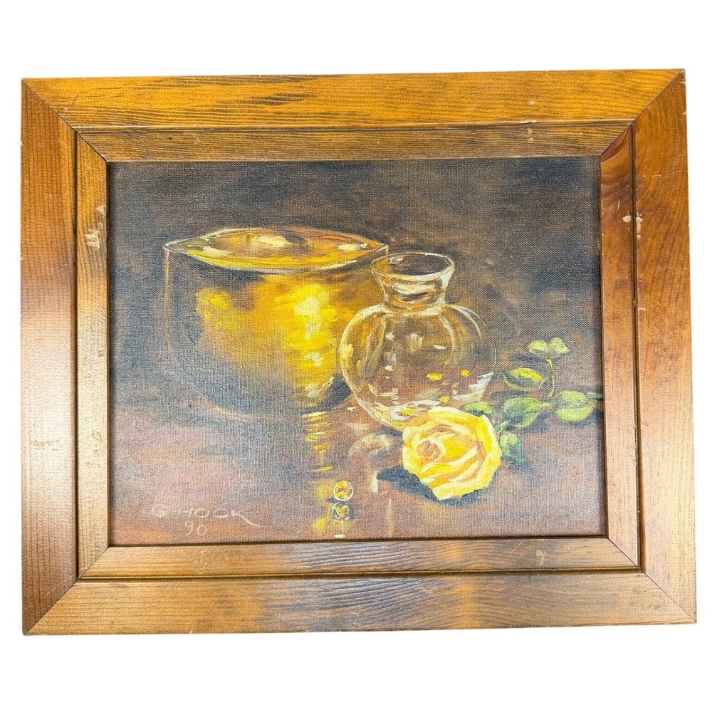 VTG Original Oil Painting Still Life Yellow Rose Brass Vessel Signed G Hock 1990 - Picture 3 of 16